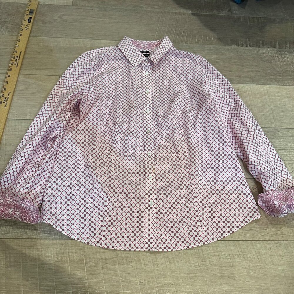 TALBOTS WOMENS WRINKLE RESISTANT FUSHIA PINK WHITE LONG SLEEVE BUTTON SHIRT 14 - Picture 1 of 8